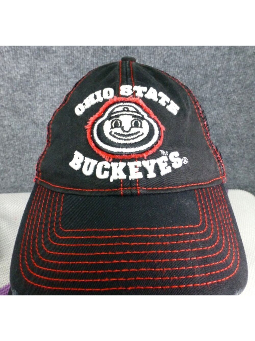 Ohio State Brutus the Buckeye Trucker Hat Black & Red Mesh Snapback Cap Distress